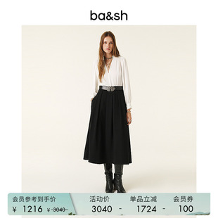 bash春季 通勤法式 V领长袖 长裙连衣裙1H24VIOL 黑白拼色假两件正装