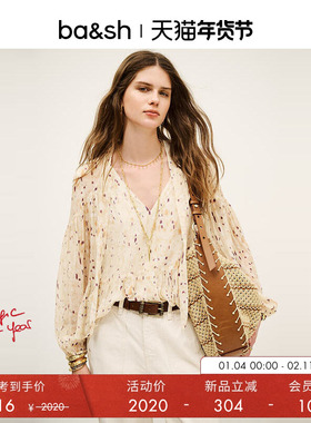 bash春季柔影星点飘带长袖衬衫法式V领碎花衬衣1H25KAMA