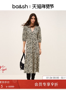 bash2026新款春季法式度假风复古印花长裙V领收腰连衣裙1E26PALM