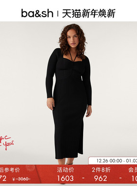 【2件8折】bash冬季法式简约侧开叉系带针织连衣小黑长裙1H23EDOR