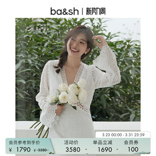 V领喇叭袖 优雅蕾丝镂空长袖 短裙连衣裙1E24GALI 白色法式 bash春季