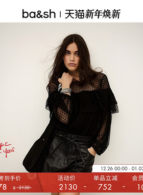 bash冬季法式波点透视设计黑色长袖上衣女士小衫1H25RAFF