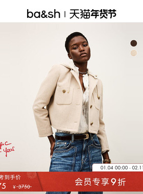 bash冬季法式绵羊毛混纺连帽花呢小香风夹克正肩短外套女1H25MERR