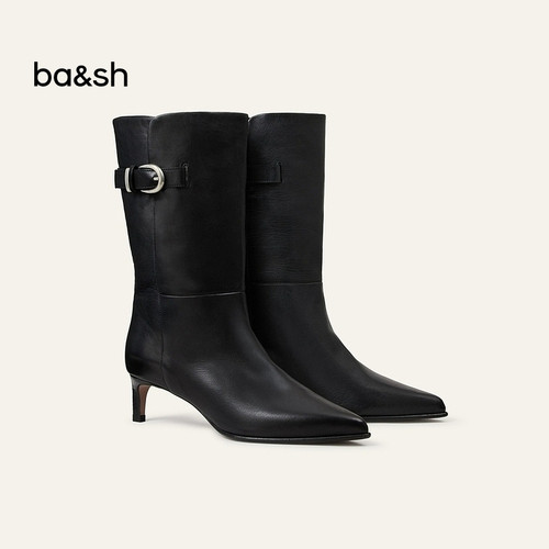 bash2026新款复古黑色尖头中筒靴金属扣装饰细跟牛皮靴子2H26LCAR