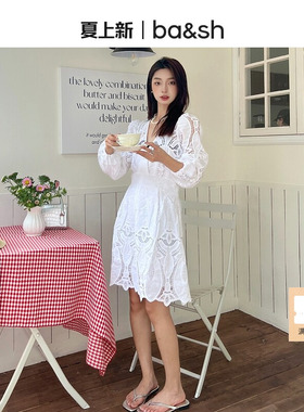 bash夏季法式甜美气质wedding风蕾丝镂空V领白色连衣裙女1E23ERIN