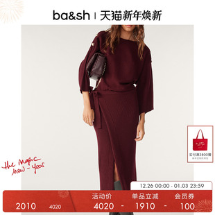 bash冬季 气质一字肩羊毛混纺安可拉红裹身针织连衣裙1H23RAHL 法式
