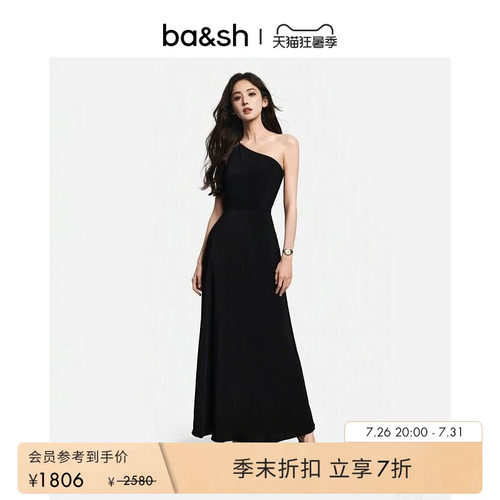 bash夏季法式斜肩小黑裙连衣裙新年晚会派对礼服连身长裙1E25FINN