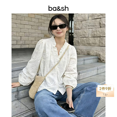 【2件9折】bash2026新款夏法式慵懒木耳边刺绣衬衫上衣1E26PETT
