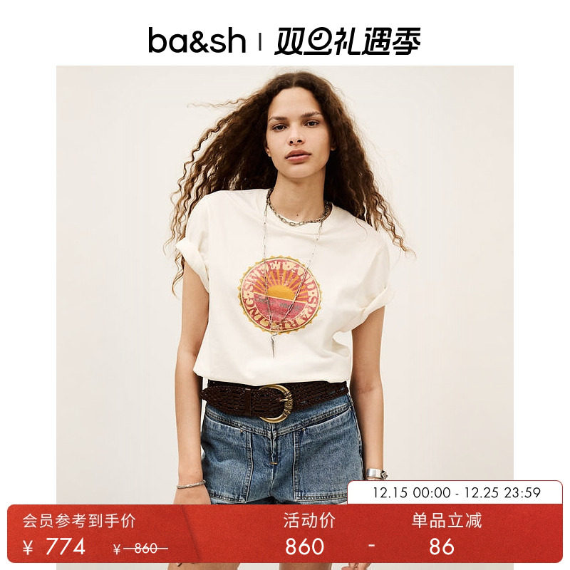 bash2025新款秋季法式复古休闲宽松印花棉质T恤短袖上衣1E25BARE