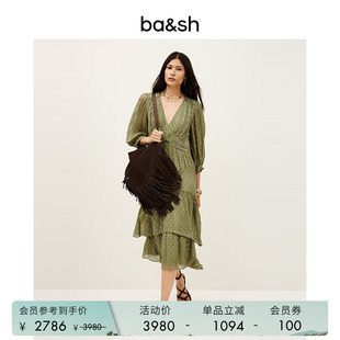 bash春季 度假休闲V领收腰连衣裙波点层叠荷叶边长裙1H25MAIA 法式