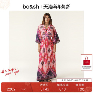 bash秋季 裙子1E24YIN 花舞漫步波西米亚风印花度假收腰连衣裙女装