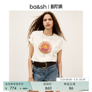 上衣1E25BARE 休闲宽松棉质米白T恤短袖 bash春季 复古做旧印花法式