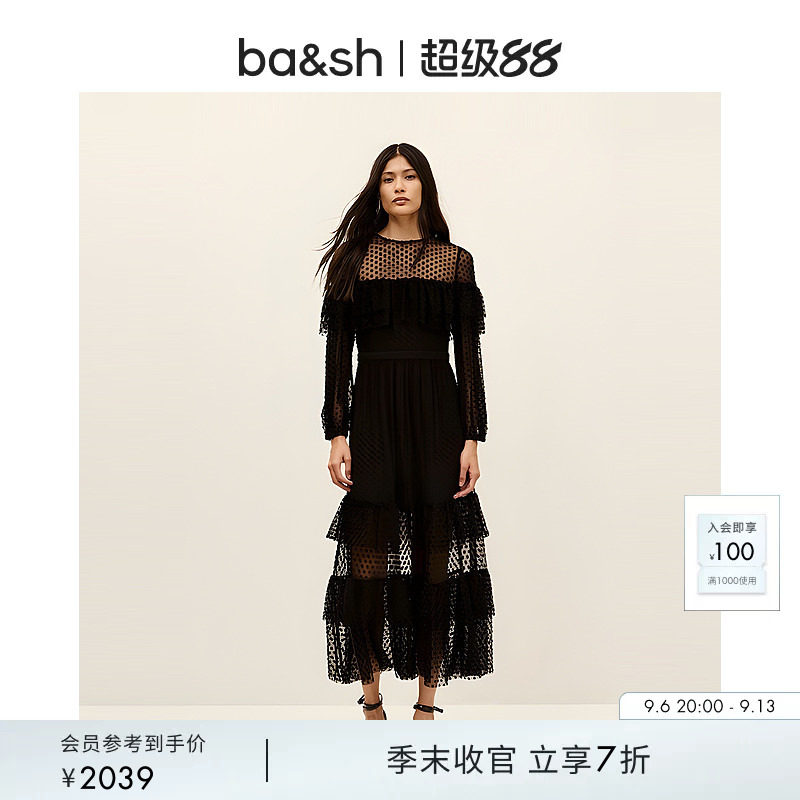 bash秋季法式气质波点透视设计蛋糕裙女士长袖连衣裙长裙1H25RITA图片