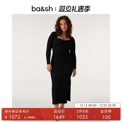 【2件8折】bash冬季法式简约侧开叉系带针织连衣小黑长裙1H23EDOR