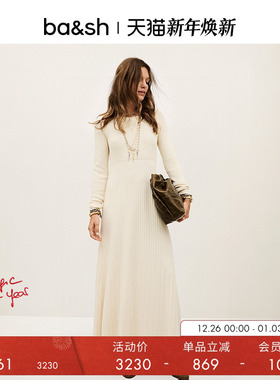 bash冬季法式简约米白色针织长袖连衣裙修身长裙1H25ELIS