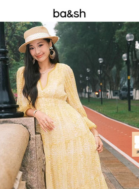 bash春季南法度假连身裙V领收腰碎花裙子女法式连衣裙1E24CLOV