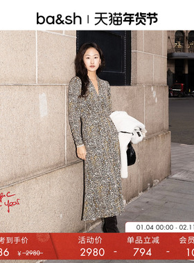 bash春季浓郁香草法式度假风印花V领连身长裙迷笛连衣裙1H24SEVE