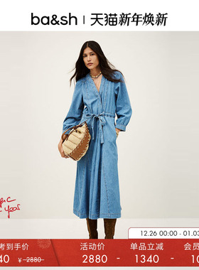 【季末5折起】bash春季法式复古牛仔蓝裙子长袖V领连衣裙1H25LIA