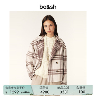 bash春季 羊毛混纺大衣短款 女士格子毛呢外套1H24WASH 臻奢系列