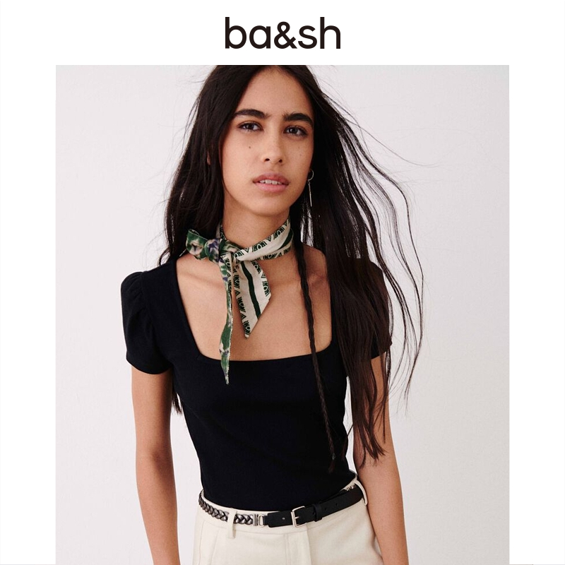 bash夏季法式温柔简约纯色短袖方领辣妹风女款修身T恤女1E22ODEL