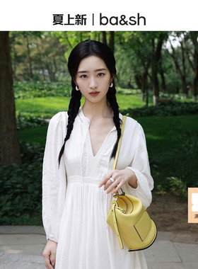 bash夏季知性少女法式气质双层裙摆垂坠感白色长袖连衣裙1E25PLUM