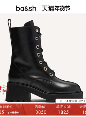 bash冬季机车马丁靴系带黑色英伦风靴子女2H23CIMO