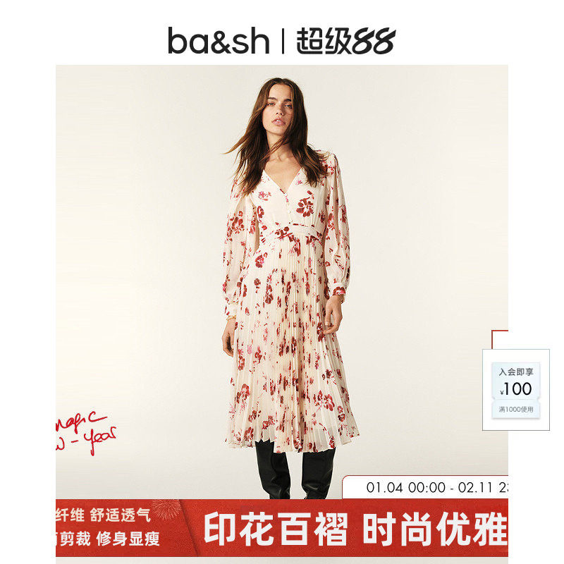 bash秋季双生玫瑰法式度假风印花百褶长裙迷笛茶歇连衣裙1E25PATL