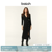 黑色V领连衣裙下摆开叉长裙女1E25TANG 优雅气质修身 bash春季 法式