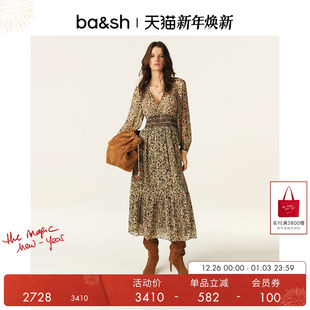 ba&sh2025新款 茶歇印花南法度假高腰V领连衣裙1E25CORA 早春法式