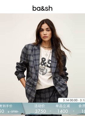 bash春季法式复古通勤廓形正装女格纹绵羊毛混纺西装外套1H25TEEC