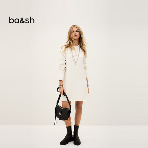 bash秋季简约羊毛混纺直筒连衣裙女休闲通勤米白色连身裙1H25ATES