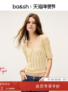 bash春季法式镂空钩花桑蚕丝混纺短袖针织衫上衣1E25SANS