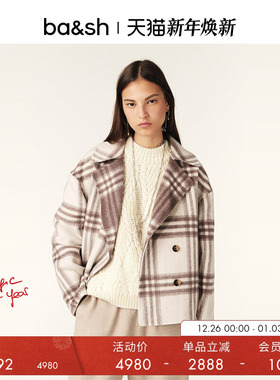 【臻奢系列】bash冬季羊毛混纺大衣短款女士格子毛呢外套1H24WASH