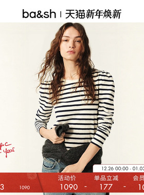 bash春季法式条纹泡泡肩休闲圆领长袖T恤上衣1E25SANG