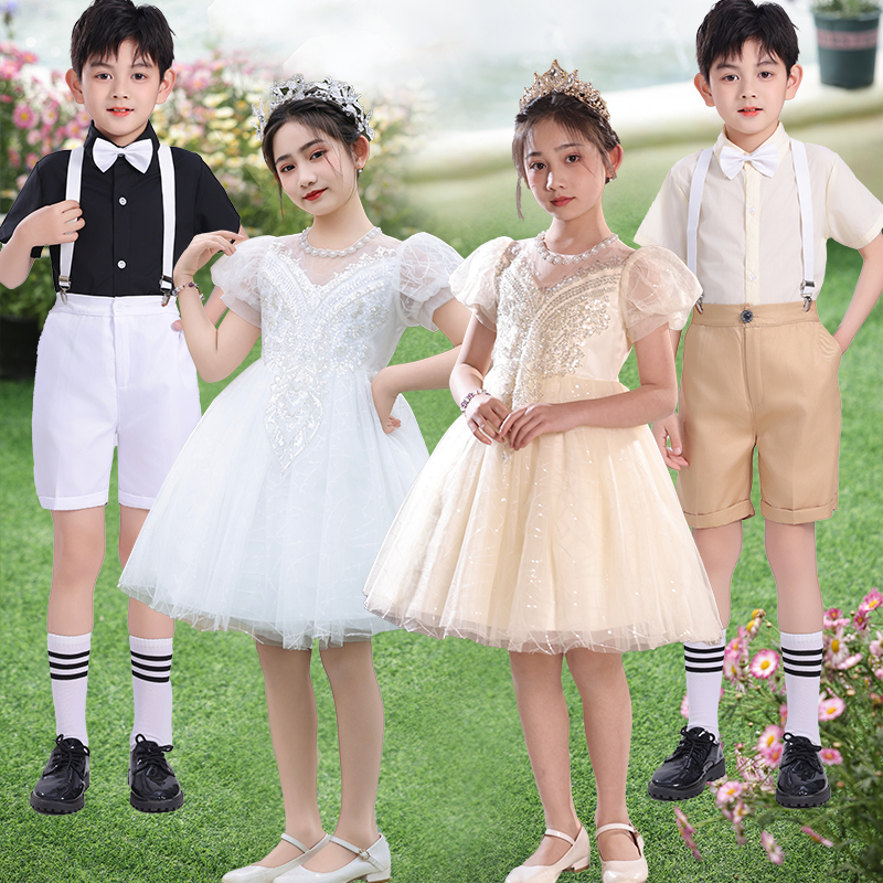 新款兒童合唱演出服中小學(xué)生詩(shī)歌朗誦表演服女童主持人紗裙蓬蓬裙