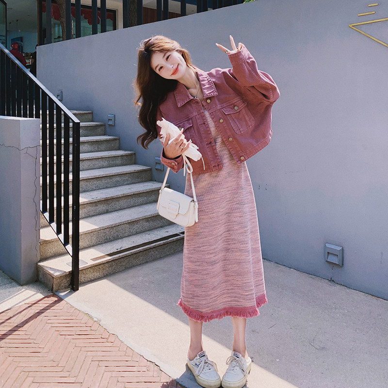 小香风针织吊带连衣裙套装女2025秋新款超好看复古牛仔外套两件套,女装套装/套裙,2C021