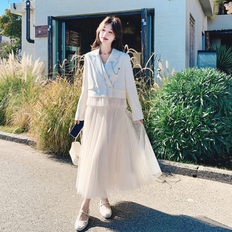 【新款大货】26春气质米白西装+网纱裙两件套C021-2618-P195控318,女装套装/套裙,2C021