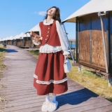 圣诞氛围感穿搭一整套女秋冬新款蕾丝打底衫毛呢马甲半身裙三件套，女装套装/套裙，2C021