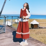 圣诞氛围感穿搭一整套女秋冬新款蕾丝打底衫毛呢马甲半身裙三件套，女装套装/套裙，2C021