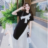 撞色拼接设计感蝴蝶结装饰连衣裙女法式甜美风2025夏新款减龄长裙，女装连衣裙，2C021