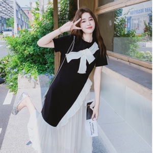 撞色拼接设计感蝴蝶结装饰连衣裙女法式甜美风2025夏新款减龄长裙图片