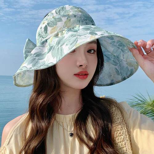 防晒帽女夏大帽檐大沿空顶洋气时髦遮阳帽子蝴蝶结防紫外线印花帽