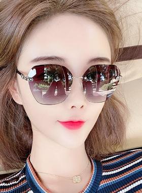 粉色多边形墨镜女款冬季茶色无框太阳镜大脸显瘦时尚防紫外线眼镜