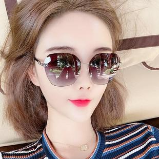 防紫外线眼镜 茶色无框太阳镜大脸显瘦时尚 粉色多边形墨镜女款 冬季