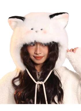 日系腮红小猫咪毛绒帽子女冬学生可爱保暖加绒雷锋帽骑行甜美护耳