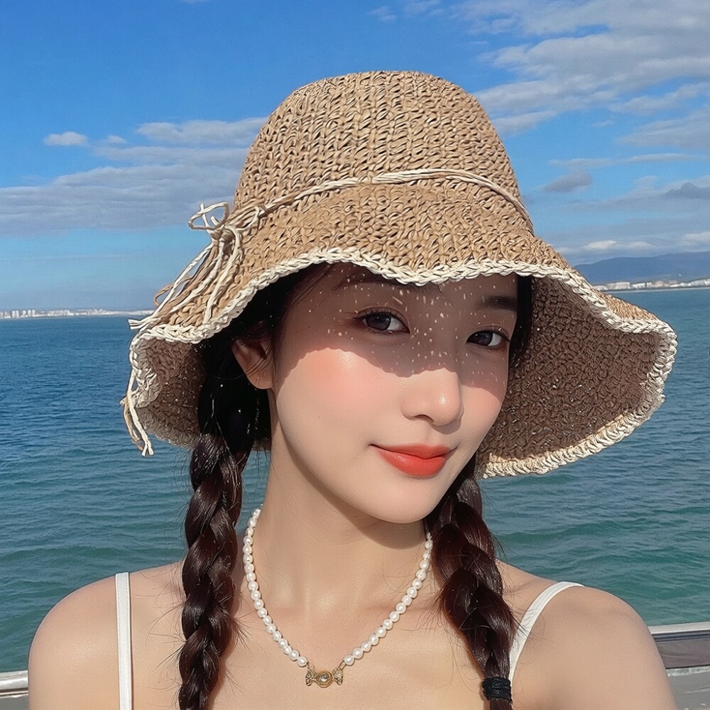 日系甜美大檐草帽女草编夏季户外镂空可折叠遮阳太阳帽海边沙滩帽