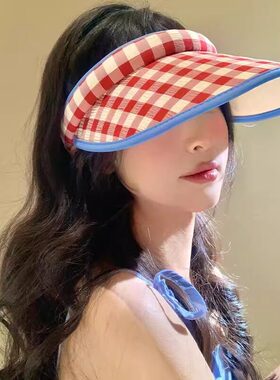 红色格子空顶防晒帽女夏