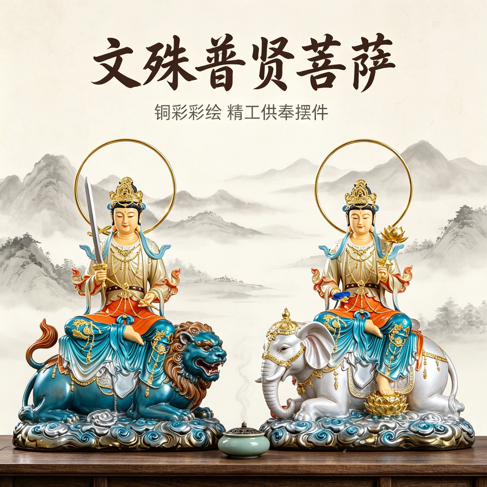 文殊普贤菩萨树脂佛像华严三圣居家供奉文殊普贤神像摆件