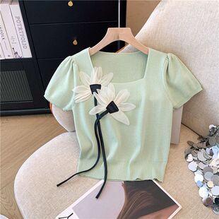 别致氛围感短款 针织衫 法式 别致花朵短袖 潮 女夏季 舒适百搭上衣女装