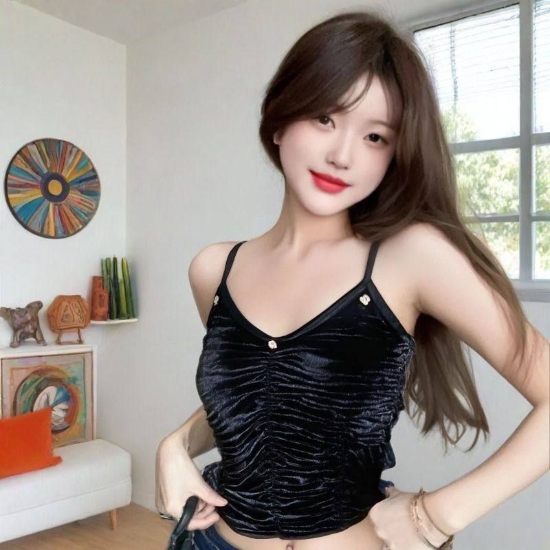 2025吊带背心夏季性感新款外穿露背抹胸褶皱辣妹修身打底短款上衣